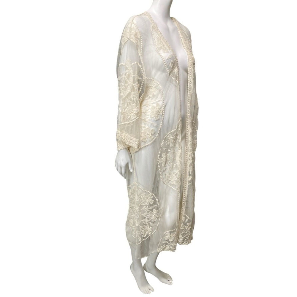 FLORAL BLOOMING Kimono Lace Cover Up Long Duster Beige  Open Front Boho Sz Large - Picture 10 of 17